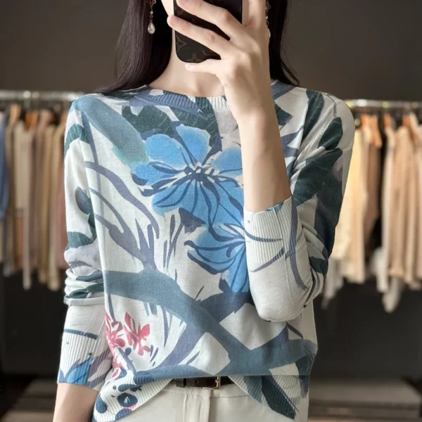 Autumn And Winter New Worsted Wool And Mulberry Silk Printed Round Neck Sweater Fashion Joker Knit Loose Bottoming Shirt Top - Image 21